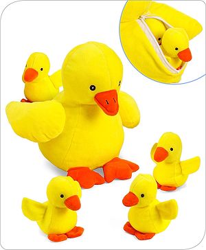 Babyhug Plush Mom Duck Stuffed with 4 Stuffed Wind Up Duck Babies Plush Toys Yellow - Height 25 cm