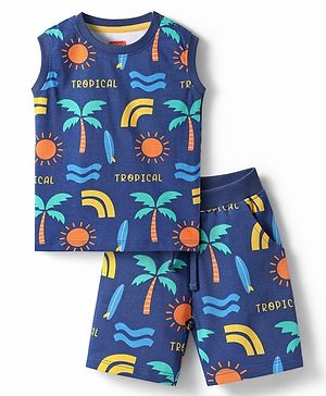 Babyhug Single Jersey Knit Sleeveless Co-ords Tank T-Shirt & Shorts Set with Beach Theme Print - Navy Blue