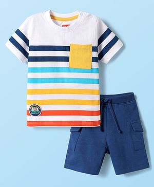Babyhug Single Jersey Knit Half Sleeves Striped T-Shirt & Shorts Set With Animal Patch & Pocket Detailing - White & Blue