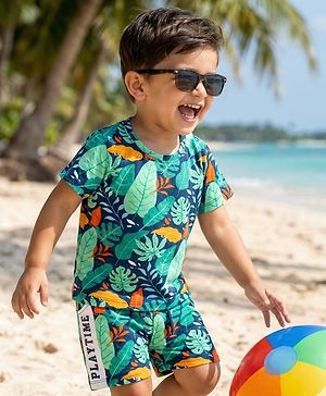 Babyhug Single Jersey Knit Half Sleeves T-Shirt & Shorts Co-Ord Set With Leaf Print - Navy Blue