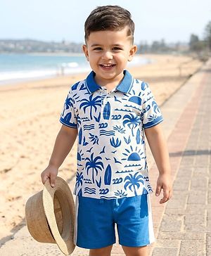 Babyhug Single Jersey Knit Half Sleeves Polo T-Shirt & Shorts Set With Tree Print - White & Blue
