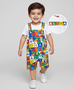 Babyhug Single Jersey Knit Half Sleeves T-Shirt & Dungree With Tropical & Text Print - White