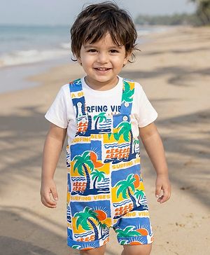 Babyhug Single Jersey Knit Beach Theme Printed Dungaree & Half Sleeves T-Shirt - White