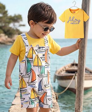 Babyhug Single Jersey Knit Ship Printed Dungaree Half Sleeves Inner Tee - Yellow