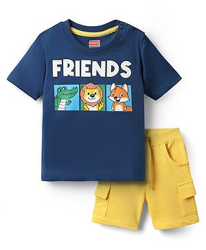 Babyhug Single Jersey Knit Half Sleeves T-Shirt & Shorts Set With Animal Print - Blue & Yellow
