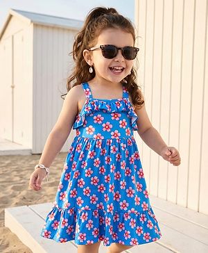 Babyhug Single Jersey Knit Sleeveless Frock With Floral Print & Frill Detailing - Blue