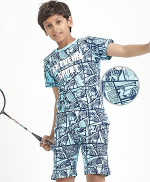 Pine Kids Single Jersey Knit Half Sleeves Co-Ords Shorts Night Suit With Extreme Sport Theme Text Print- Blue