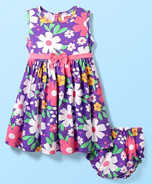 Babyhug Single Jersey Knit Sleeveless Frock & Bloomer with Floral Print & Bow Applique - Purple