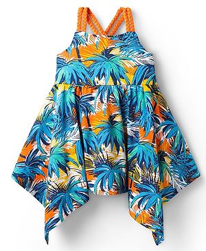 Babyhug Cotton Knit Sleeveless Frock with Coconut Tree Print - Blue