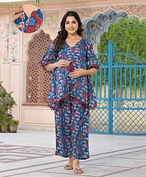 Aujjessa Cotton Batwing Sleeves
                              Abstract Printed & Lace Embellished
                              Maternity Feeding Night Suit with
                              Concealed Zipper Nursing Access - Blue