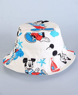 Babyhug Disney Cotton Woven Summer Cap With Mickey Mouse Family Print White - Diameter 16 cm