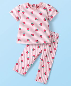 Babyhug Cotton Knit Half Sleeves Striped Co-ords Night Suit with Strawberry Print - Pink
