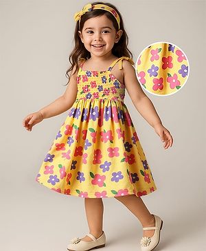 Babyhug Rayon Woven Sleeveless Floral Printed Frock with Headband & Smocking Detailing - Yellow