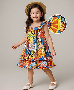 Babyhug Rayon Woven Frill Sleeves Frock with Tropical Theme Print & Frill Detailing - Blue