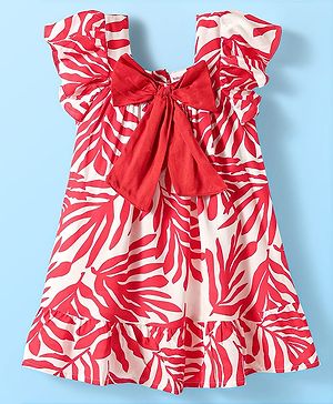 Babyhug Rayon Woven Half Sleeves Frock with Leaves Print & Bow Applique - Red