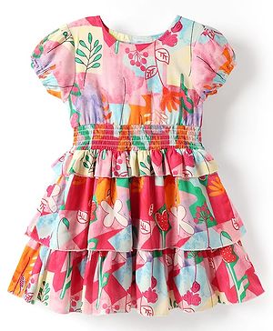 Babyhug Woven Half Sleeves Frock With Floral Print Smock Detail - Pink