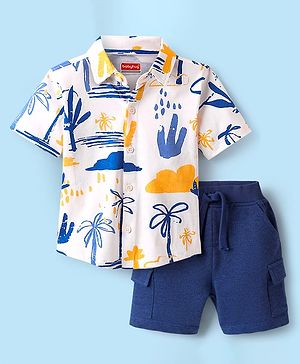 Babyhug Single Jersey Knit Half Sleeves Tropical Theme Printed Shirt & Shorts Set - Blue & White