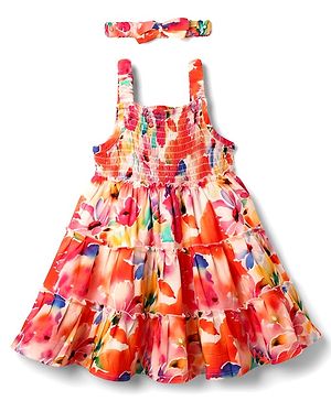 Babyhug Woven Sleeveless Frock & Headband with Smock Detailing & Floral Print - Orange