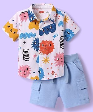 Babyhug Single Jersey Knit Half Sleeves Smiley Printed Shirt & Shorts Set - Light Blue & White