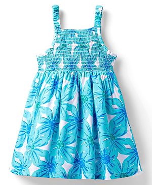 Babyhug Woven Sleeveless Frock With Smock Detailing & Floral Print - Light Blue