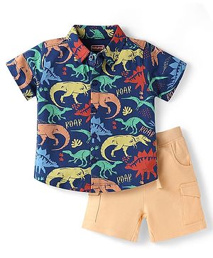Babyhug Single Jersey Knit Half Sleeves Dino Printed Shirt & Shorts Set - Navy Blue & Beige