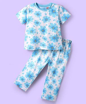 Babyhug Cotton Knit Half Sleeves Night Suit With Floral Print - Blue