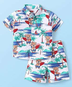 Babyhug Single Jersey Knit Half Sleeves Beach Theme Printed Co-ords Shirt & Shorts Set - White