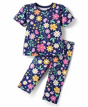 Babyhug Cotton Knit Half Sleeves Night Suit With Floral Print - Navy Blue