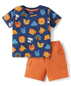 Babyhug Single Jersey Knit Half Sleeves Animal Printed T-Shirt & Shorts Set - Orange & Navy Blue