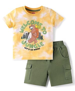 Babyhug Single Jersey Knit Half Sleeves T-Shirt & Shorts Set With Bear Print - Yellow & Olive Green