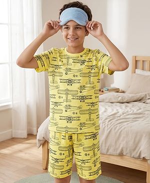 Pine Kids Single Jersey Knit Half Sleeves Shorts Nightsuit With Airplane Print - Lemon Yellow