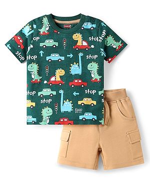 Babyhug Single Jersey Knit Half Sleeves Dino Printed T-Shirt & Shorts Set - Green & Beige