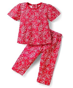 Babyhug Cotton Knit Half Sleeves Co-ords Night Suit with Floral Print - Red