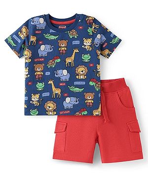 Babyhug Single Jersey Knit Half Sleeves T-Shirt & Shorts Set with Animal Print - Navy Blue & Red