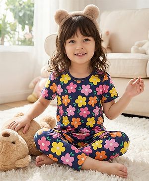 Babyhug Cotton Knit Half Sleeves Co-ords Night Suit With Floral Print - Navy Blue