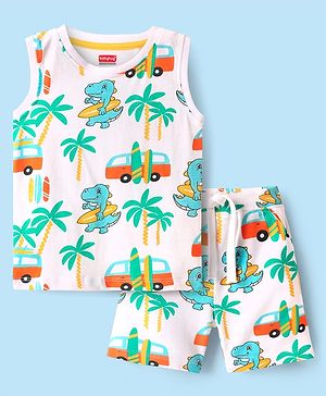 Babyhug Single Jersey Knit Sleeveless Beach Theme Printed Tank Co-ords T-Shirt & Shorts Set - White
