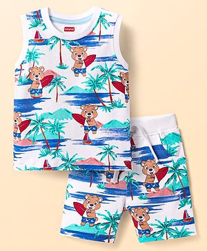 Babyhug Single Jersey Knit Sleeveless Tank T-Shirt & Shorts Co-Ord Set With Teddy Bear Print - White