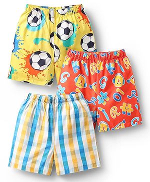 Babyhug Cotton Woven Above Knee Length Boxers With Checks & Football Print Pack Of 3 - Red Yellow & White