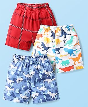 Babyhug Cotton Woven Boxers With Checks & Dino Print Pack Of 3 - Red Blue & White