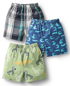 Babyhug Cotton Woven Boxers with Checks & Animal Print Pack Of 3 - Black Green & Navy Blue