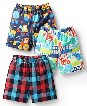 Babyhug Cotton Woven Above Knee
                              Length Boxers With Checks & Vehicle
                              Print Pack Of 3 - Blue