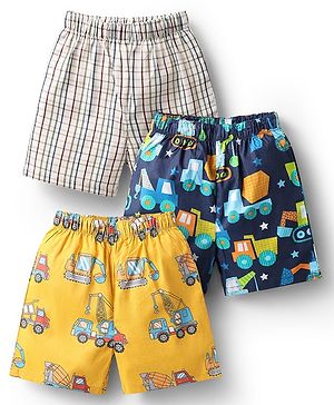 Babyhug Cotton Woven Above Knee Length Boxers With Checks & Construction Vehicle Print Pack Of 3 - Yellow Navy Blue & White