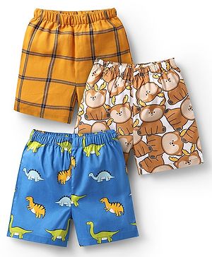 Babyhug Cotton Woven Boxers With Animal Print Pack Of 3 - Blue & White