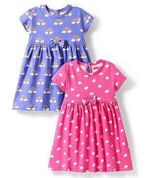 Babyhug Single Jersey Knit Half Sleeves Frock  with Rainbow & Heart Print with Bow Applique Pack of 2- Pink & Blue