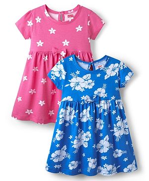 Babyhug Single Jersey Knit Half Sleeves Floral Printed Frocks With Bow Applique Pack of 2 - Blue & Pink