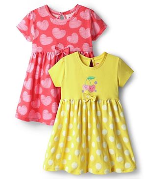 Babyhug Single Jersey Knit Half Sleeves Frocks With Polka Dots & Bow Applique Pack Of 2 - Light Green & Pink