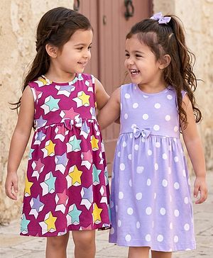 Babyhug Single Jersey Knit Sleeveless Star & Polka Dot Printed Frocks With Bow Applique Pack of 2 - Lavender & Fuchsia