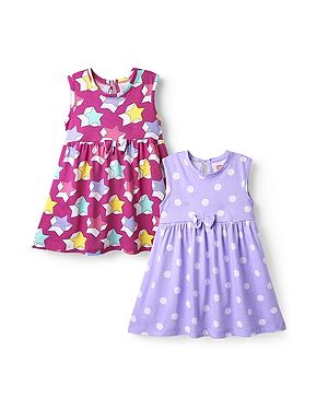 Babyhug Single Jersey Knit Sleeveless Star & Polka Dot Printed Frocks With Bow Applique Pack of 2 - Lavender & Fuchsia