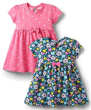 Babyhug Single Jersey Knit Half Sleeves Polka Dot & Floral Printed Frocks With Bow Applique Pack of 2 - Navy Blue & Pink