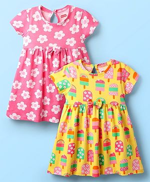 Babyhug Single Jersey Knit Half Sleeves Floral & Ice Cream Printed Frocks With Bow Applique Pack of 2 - Yellow & Pink